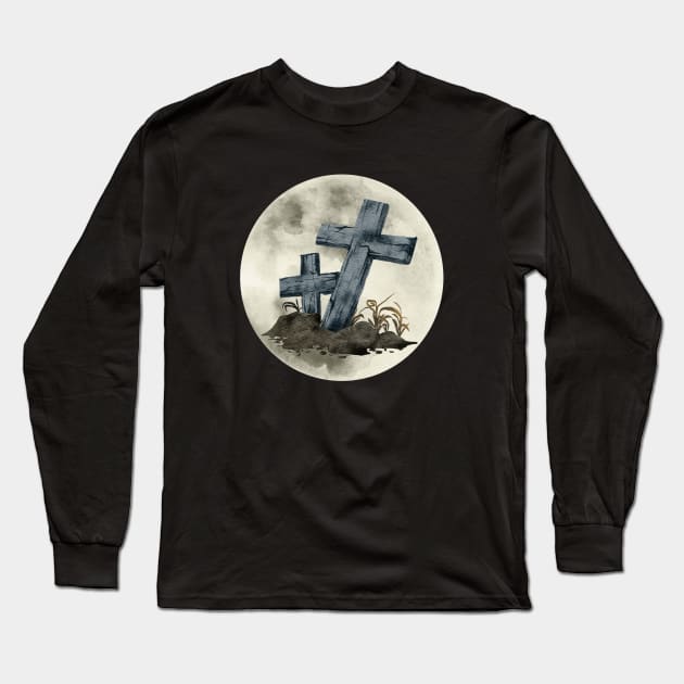 Full Moon Crosses on Grave Long Sleeve T-Shirt by Kylie Paul